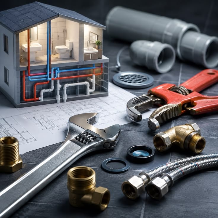 Plumbing tools, pipe fittings and a cutaway house model showing water pipes