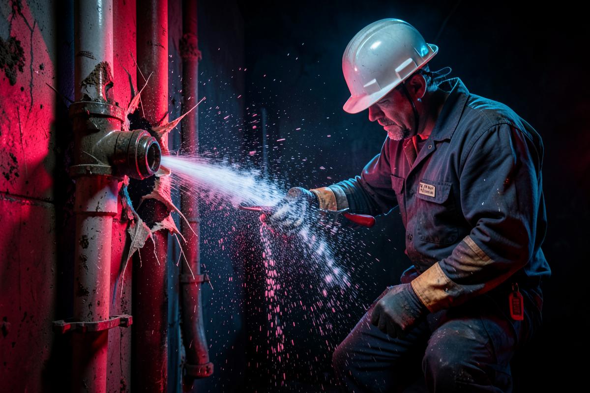Plumber attending to a burst pipe spraying water during an emergency callout